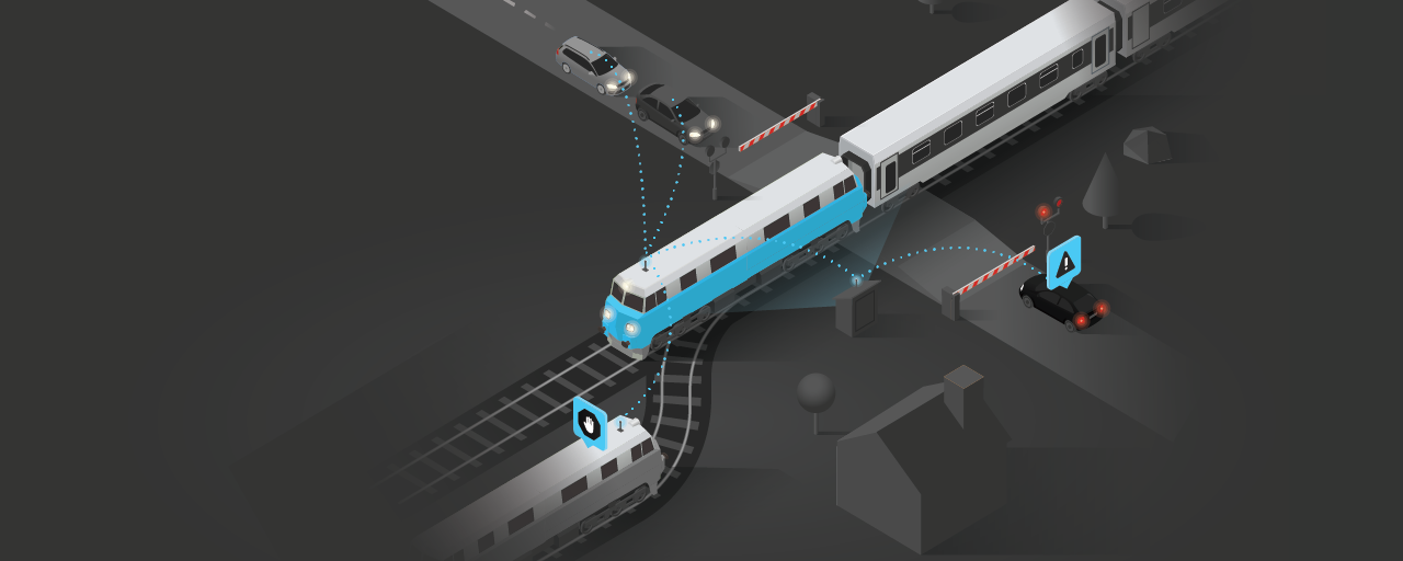 A train passing a level crossing while communicating with vehicles in the area